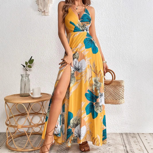 CD | Rochie maxi pentru femei - Imprimeu floral tropical - Decolteu adânc în V - Fantă înaltă - Ținută relaxată