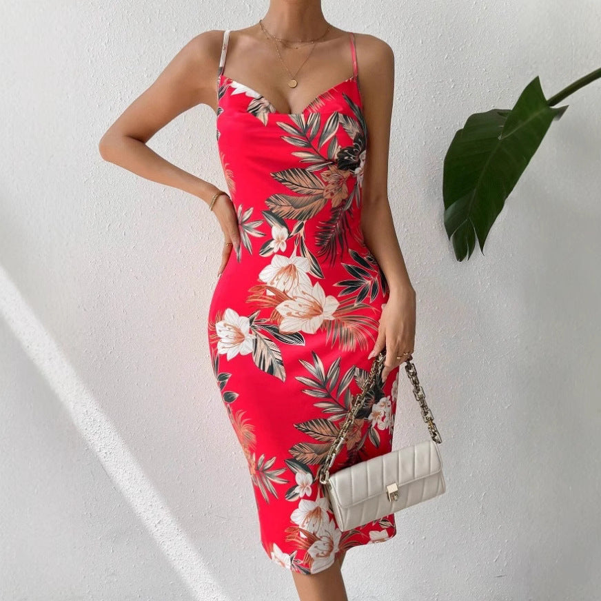 CD | Rochie midi pentru femei - siluetă mulată - bretele spaghetti - decolteu rotund - model floral