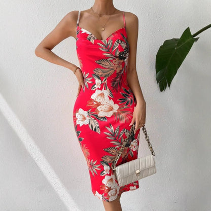 CD | Rochie midi pentru femei - siluetă mulată - bretele spaghetti - decolteu rotund - model floral