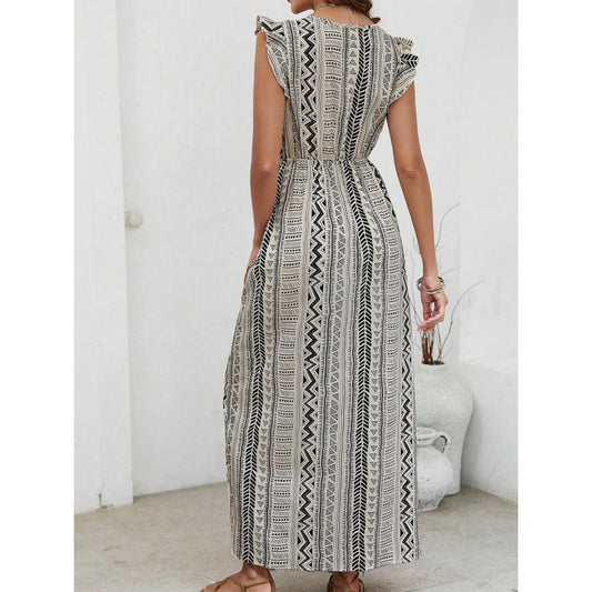 CD | Rochie maxi pentru femei - Decolteu în V - Talie slim fit - Fantă laterală - Mâneci cu volane - Imprimeu geometric