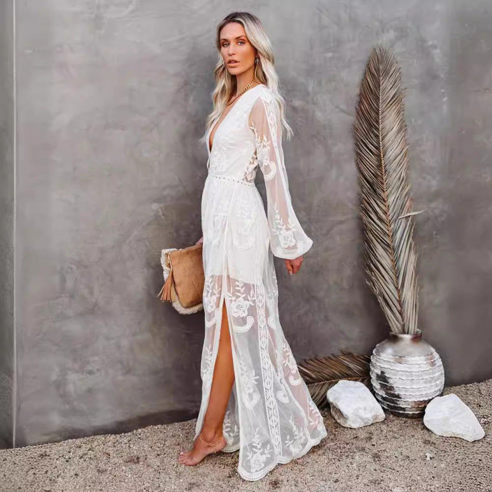 CD | Rochie lungă pentru femei - șifon dantelă - V-neck - mâneci transparente - fantă mare - uzură formală