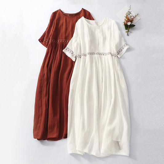 CD | Rochie maxi pentru femei - Ținută relaxată - Bumbac - Mâneci scurte - Dantelă în talie