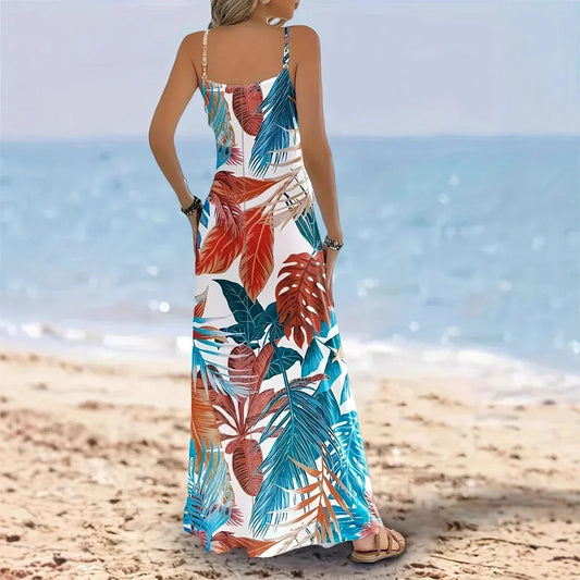 CD | Rochie maxi pentru femei - Croială fluidă - Imprimeu cu frunze tropicale - Amestec de bumbac - Fără mâneci