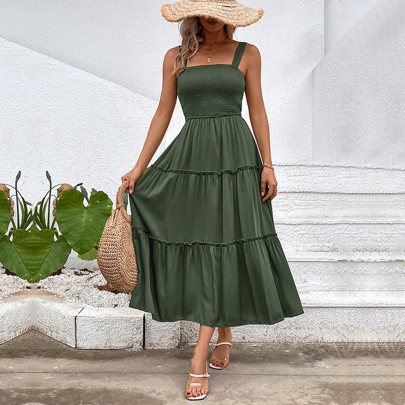 CD | Rochie midi fără mâneci pentru femei - Top smocked - Fustă cu cravată - Amestec de bumbac