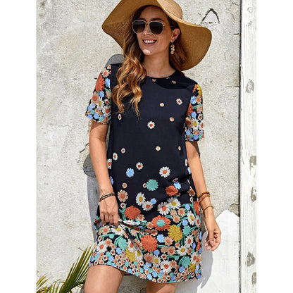CD | Rochie midi pentru femei - imprimeu floral - croială lejeră - mâneci scurte