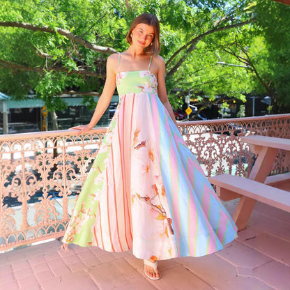 CD | Rochie maxi pentru femei - Bumbac ușor - Croială fluidă - Bretele spaghetti - Imprimeu artistic