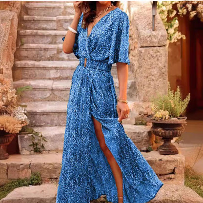 CD | Rochie maxi pentru femei - Decolteu în V - Curea în talie - Mâneci scurte - Fantă laterală Croială fluidă