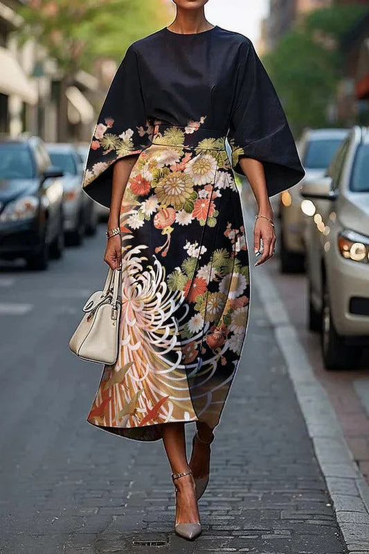 CD | Rochie midi pentru femei - A-line - mâneci kimono - imprimeu floral