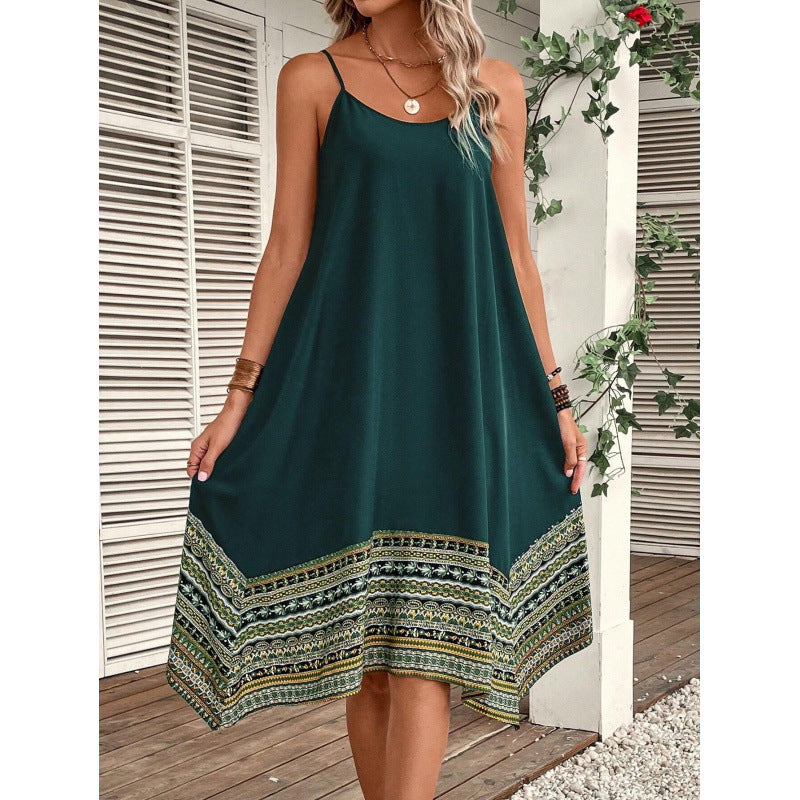 CD | Rochie midi pentru femei - Flowing A-line - Bumbac - Spaghetti curele - Boho hem