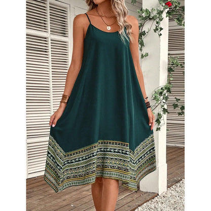 CD | Rochie midi pentru femei - Flowing A-line - Bumbac - Spaghetti curele - Boho hem