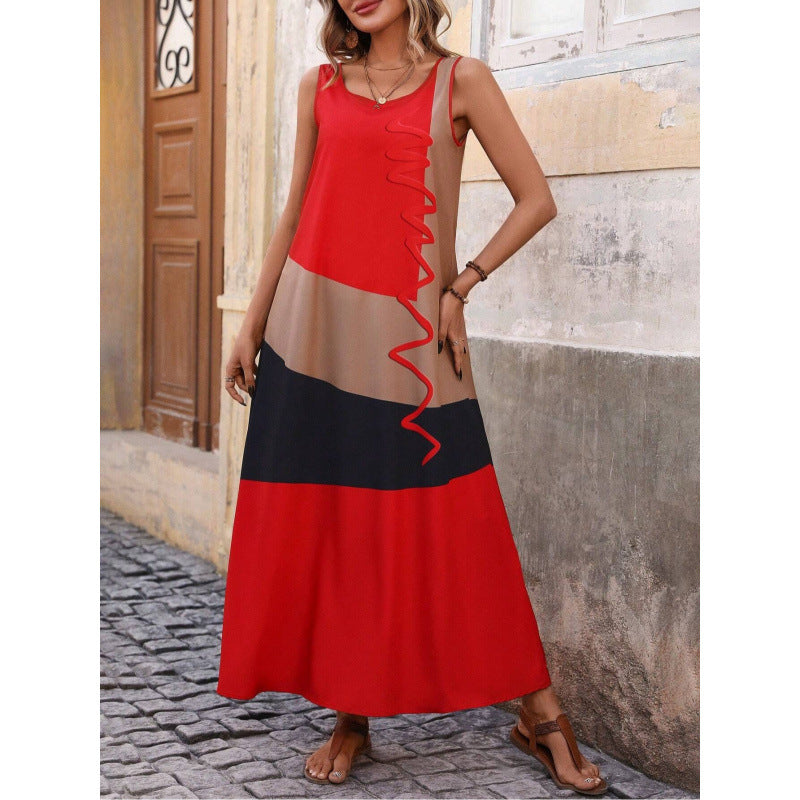 CD | Rochie maxi pentru femei - Decolteu în V - Talie slim fit - Fantă laterală - Mâneci cu volane - Imprimeu geometric