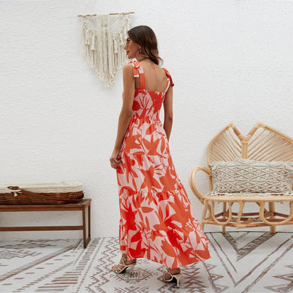 CD | Rochie maxi pentru femei - Partea de sus smocked - Panglici Tie - Fusta Tiered - Bumbac Feel