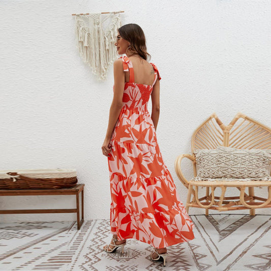 CD | Rochie maxi pentru femei - Partea de sus smocked - Panglici Tie - Fusta Tiered - Bumbac Feel