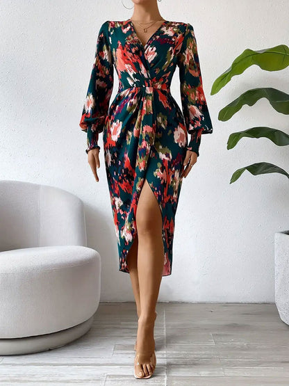 CD | Rochie midi pentru femei - Mâneci lungi în stil wrap - Decolteu în V - Imprimeu floral abstract
