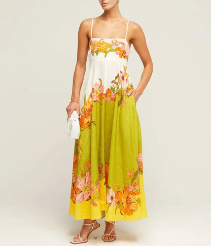 CD | Rochie midi pentru femei - Smocked top - A-line - Spaghetti straps - Amestec de bumbac