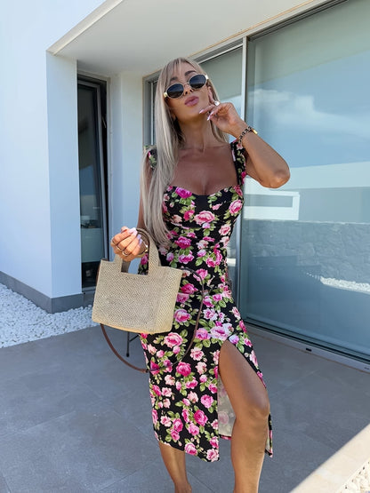 CD | Rochie midi pentru femei - Slim fit - Model floral - Bretele încrețite - Fantă laterală - Amestec respirabil
