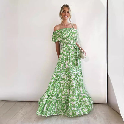 CD | Rochie maxi pentru femei - off-the-shoulder - decolteu cu volane - fustă cu dungi - talie