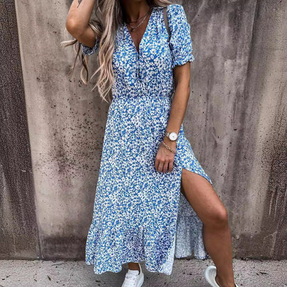 CD | Rochie maxi pentru femei - Talie înaltă - Decolteu în V - Mâneci scurte - Imprimeu floral - Sliț lateral