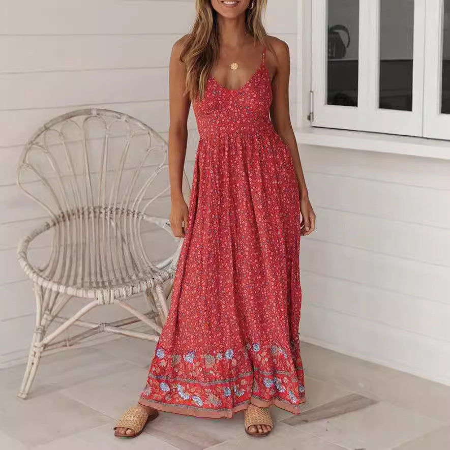 CD | Rochie maxi de damă - imprimeu floral - decolteu în V cu bretele - croială boho fluidă - material ușor