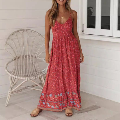 CD | Rochie maxi de damă - imprimeu floral - decolteu în V cu bretele - croială boho fluidă - material ușor