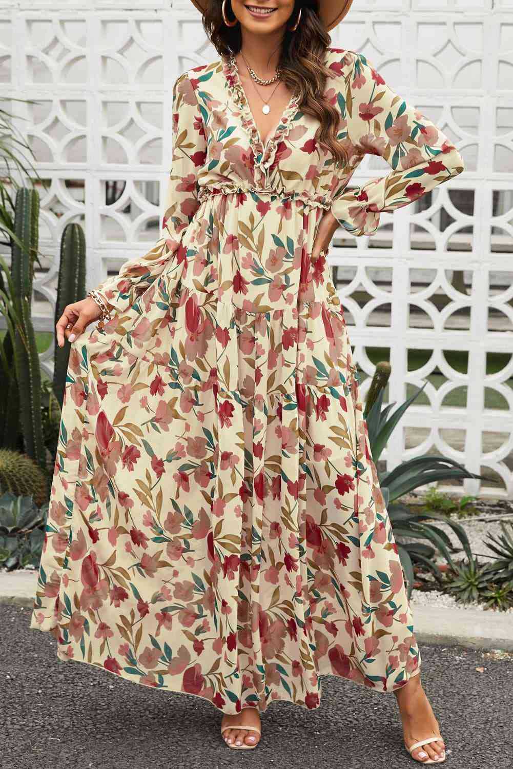 CD | Rochie maxi pentru femei - Chiffon - Croială boemă - Decolteu în V - Mâneci lungi - Imprimeu floral