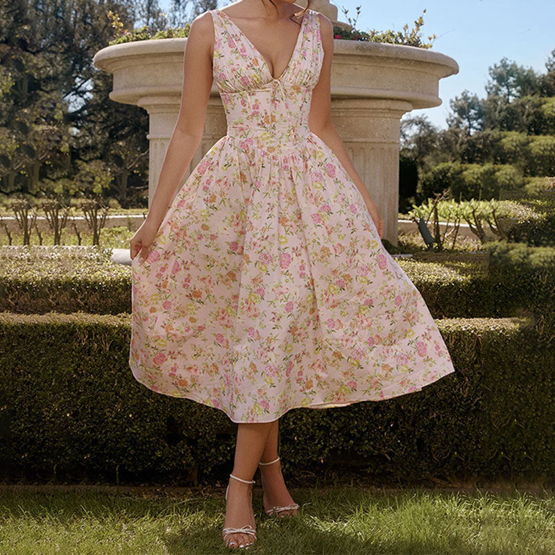 CD | Rochie midi pentru femei - Decolteu în V - A-line - Bretele spaghetti - Model floral - Ușor