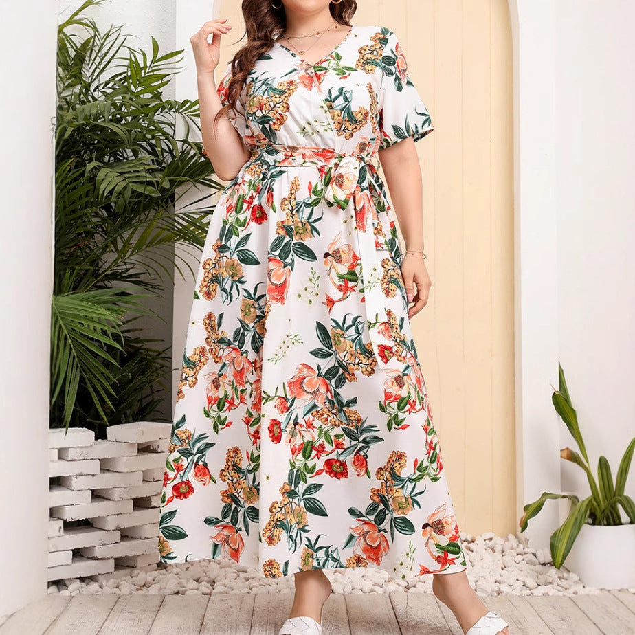 CD | Rochie midi pentru femei - A-line - decolteu în V - mâneci scurte - imprimeu floral - curea în talie