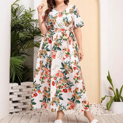 CD | Rochie midi pentru femei - A-line - decolteu în V - mâneci scurte - imprimeu floral - curea în talie