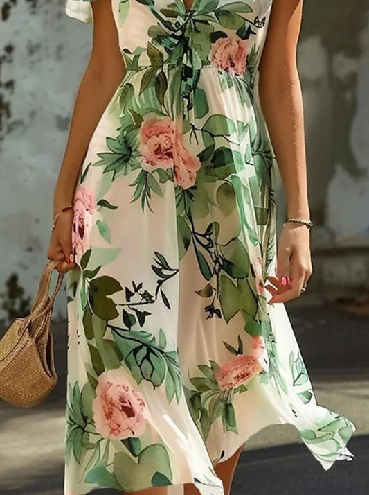 CD | Rochie midi pentru femei - Șifon ușor - Decolteu în V - Mâneci încrețite - Imprimeu floral