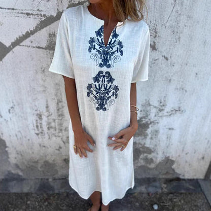 CD | Rochie midi pentru femei - Croială relaxată - Broderie pe față - Fibre naturale - Mâneci scurte