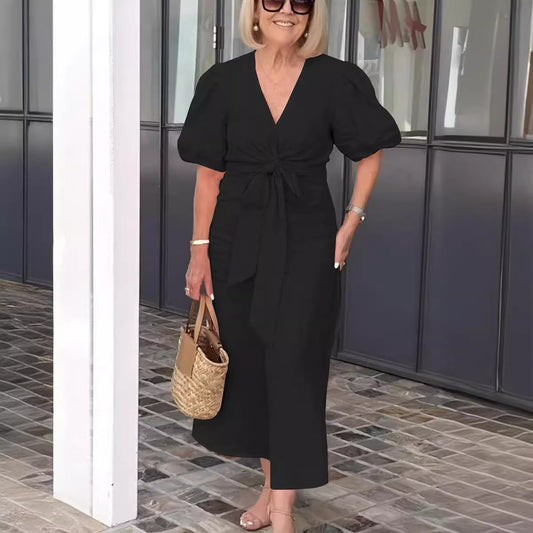 CD | Rochie midi de damă - Fibre naturale - Decolteu în V - Dantelă - Mâneci bufante - Ținută relaxată