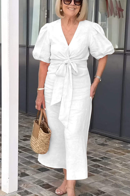 CD | Rochie midi de damă - Fibre naturale - Decolteu în V - Dantelă - Mâneci bufante - Ținută relaxată