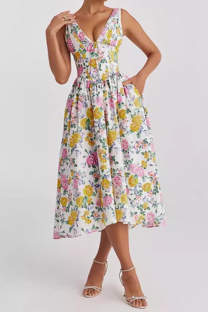 CD | Rochie midi pentru femei - fără mâneci, decolteu în V - croială în formă de A - imprimeu floral - material ușor