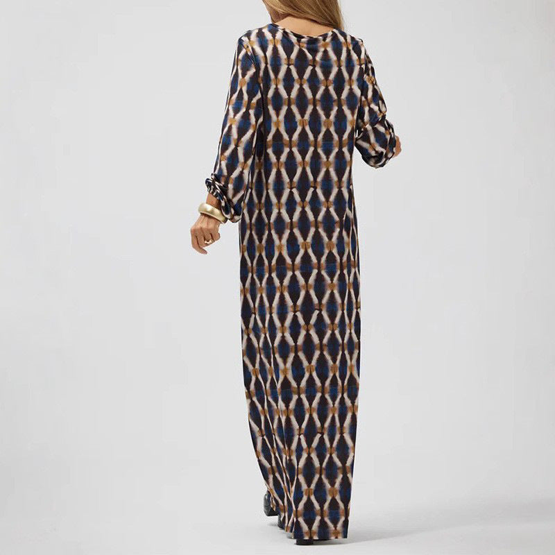 CD | Rochie midi pentru femei - Croială fluidă - Decolteu în V - Mâneci lungi - Material ușor imprimat