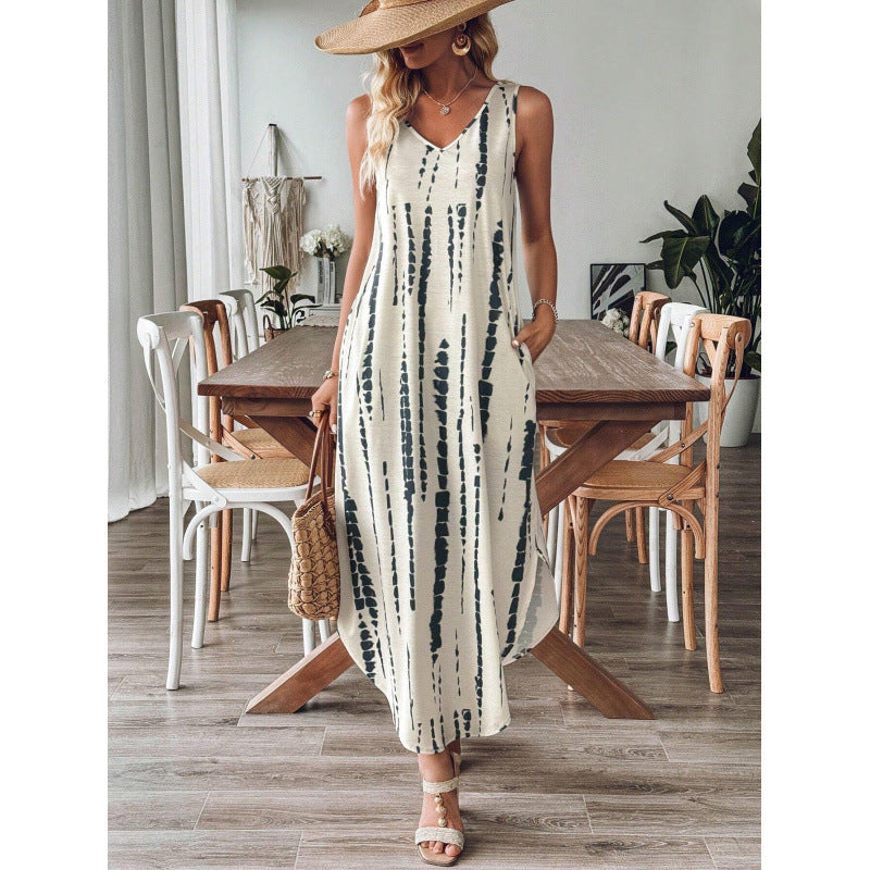 CD | Rochie maxi pentru femei - Ținută relaxată - Fără mâneci - Decolteu în V - Bumbac cu dungi - Siluetă fluidă