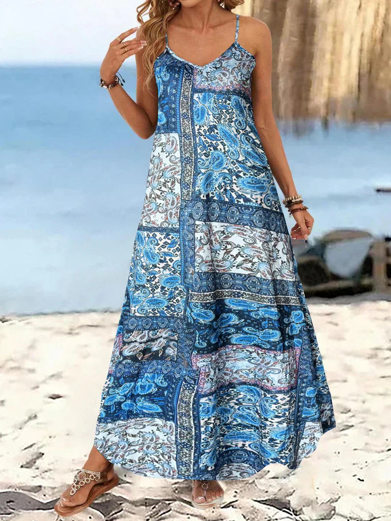 CD | Rochie maxi pentru femei - Imprimeu floral - Bretele spaghete - Ținută relaxată - Bumbac