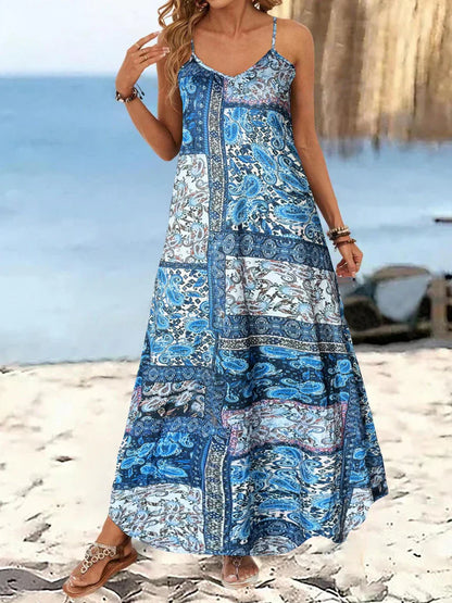 CD | Rochie maxi pentru femei - Imprimeu floral - Bretele spaghete - Ținută relaxată - Bumbac