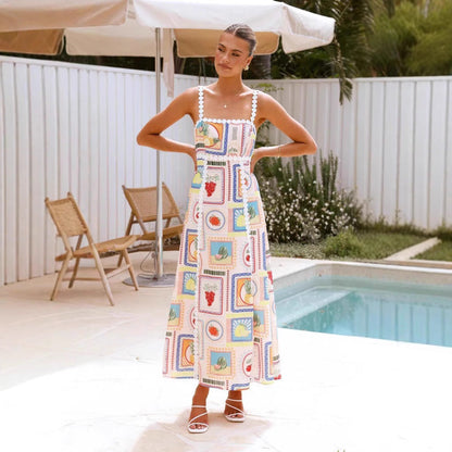 CD | Rochie maxi pentru femei - Imprimeu geometric - Dantelă - Fără mâneci, croială fluidă