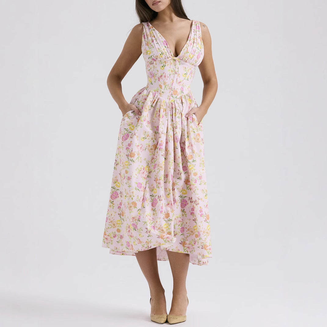 CD | Rochie midi pentru femei - fără mâneci, decolteu în V - croială în formă de A - imprimeu floral - material ușor