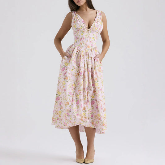 CD | Rochie midi pentru femei - fără mâneci, decolteu în V - croială în formă de A - imprimeu floral - material ușor