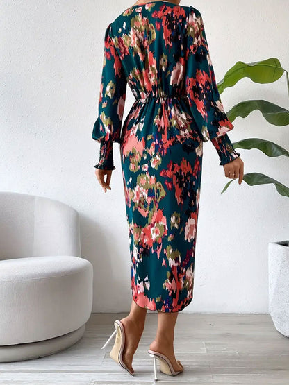 CD | Rochie midi pentru femei - Mâneci lungi în stil wrap - Decolteu în V - Imprimeu floral abstract