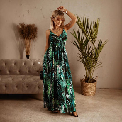 CD | Rochie maxi pentru femei - croială cu decolteu în V - imprimeu floral - bretele reglabile - croială pe măsură