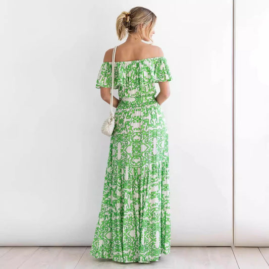 CD | Rochie maxi pentru femei - off-the-shoulder - decolteu cu volane - fustă cu dungi - talie