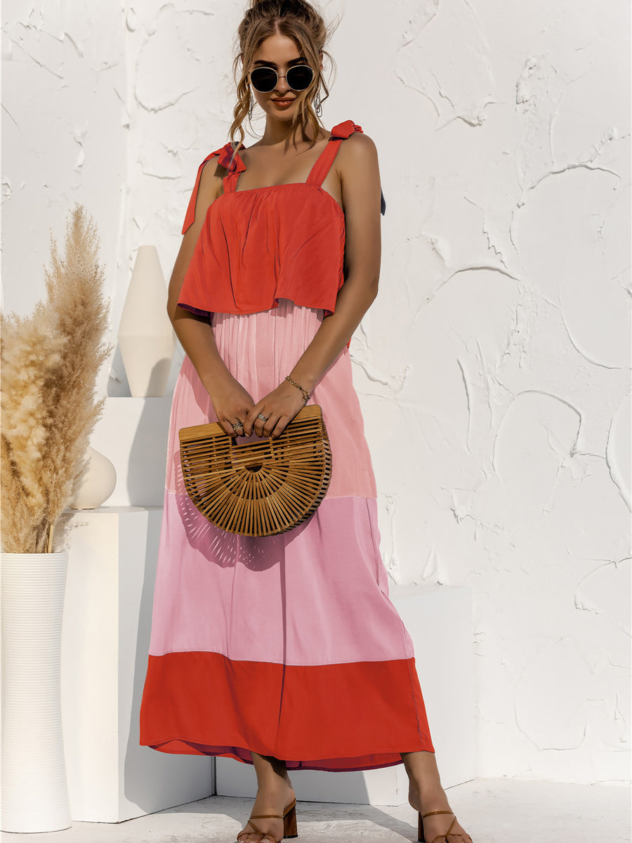 CD | Colour Block Tie Shoulder Tiered Rochie midi fără mâneci