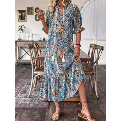 CD | Rochie midi pentru femei - Ținută relaxată - Mâneci cu volane - Imprimeu boho - Fustă cu cravată - Decolteu cu cravată