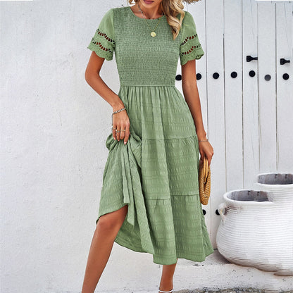 CD | Rochie midi pentru femei - Corset smocked - Fustă evazată - Mâneci cropped - Amestec de bumbac