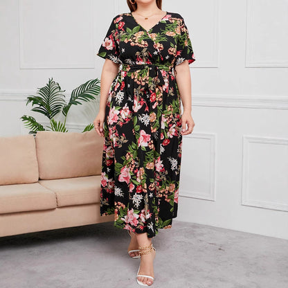 CD | Rochie midi pentru femei - A-line - decolteu în V - mâneci scurte - imprimeu floral - curea în talie