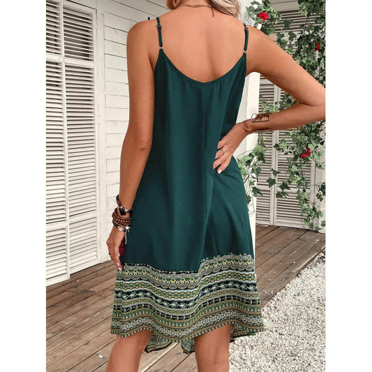 CD | Rochie midi pentru femei - Flowing A-line - Bumbac - Spaghetti curele - Boho hem