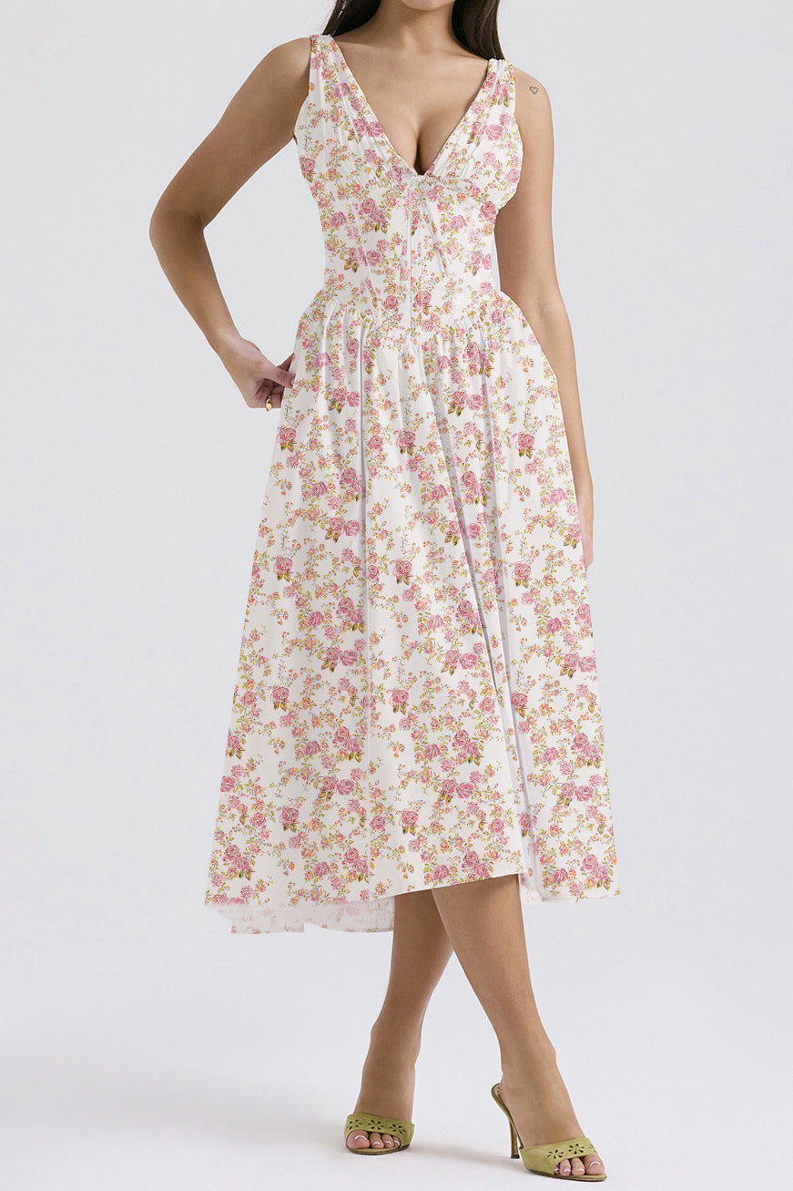 CD | Rochie midi pentru femei - fără mâneci, decolteu în V - croială în formă de A - imprimeu floral - material ușor