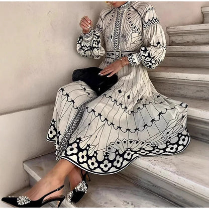 CD | Rochie midi pentru femei - Ținută elegantă - Mâneci lungi - Curea în talie - Fermoar cu nasturi - Model decorat